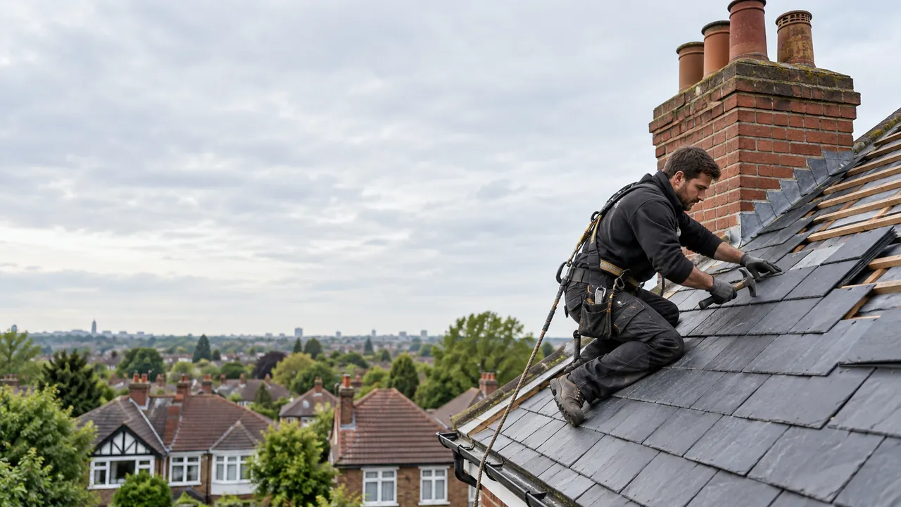 Roofer replacing slates on a North West London roof
